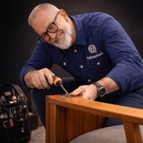 West Sacramento furniture repair expert performing professional sofa wood repair in local home