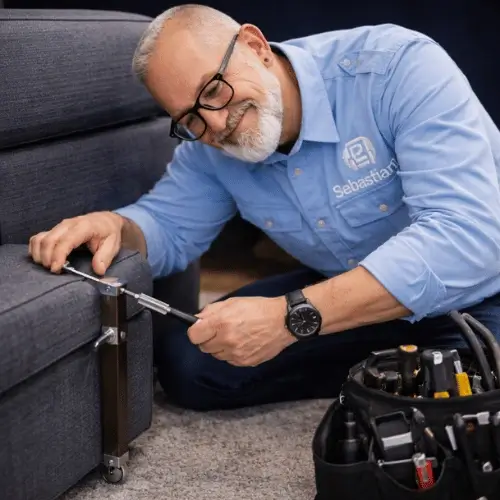 West Sacramento furniture repair technician repairing sofa leg and frame in customer home