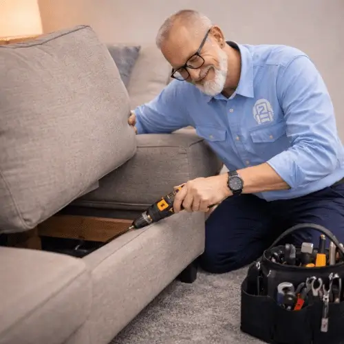West Sacramento furniture repair technician fixing sofa frame in-home